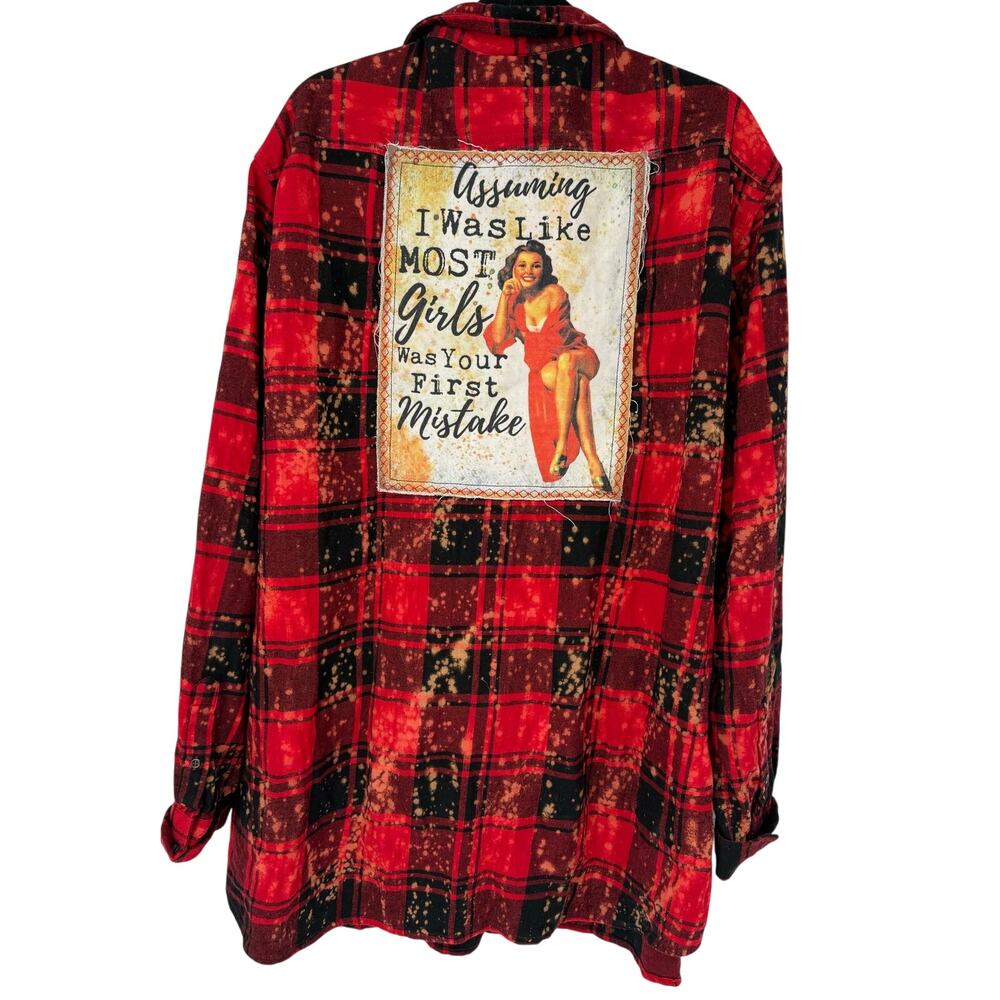 Angry Minnow Vintage 3XL Bleach Plaid Flannel Shirt Pin Up Girl Graphic Grunge